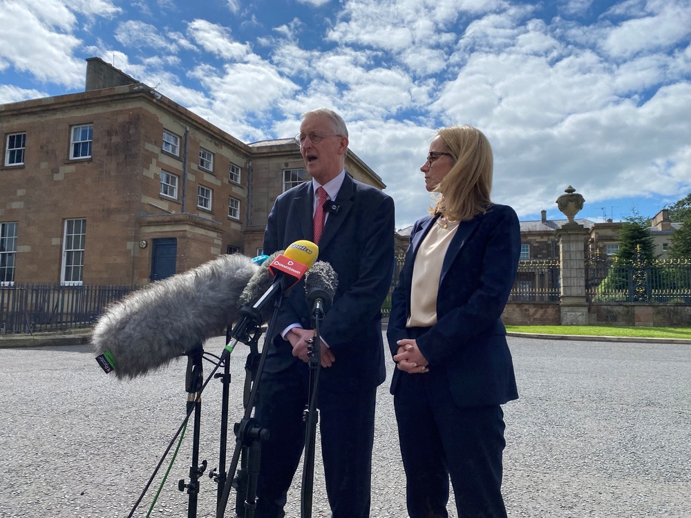 Northern Ireland Secretary Hilary Benn and Chief Secretary to the Treasury Lucy Rigby speaking to the media at Hillsborough Castle (Jonathan McCambridge/PA) (PA Wire)