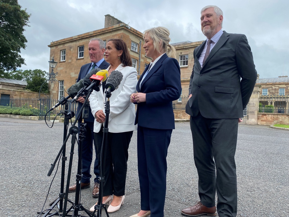 The Sinn Féin delegation (left to right) Conor Murphy, Mary Lou McDonald, Michelle O’Neill and John O’Dowd speaking to the media (Jonathan McCambridge/PA) (PA Wire)