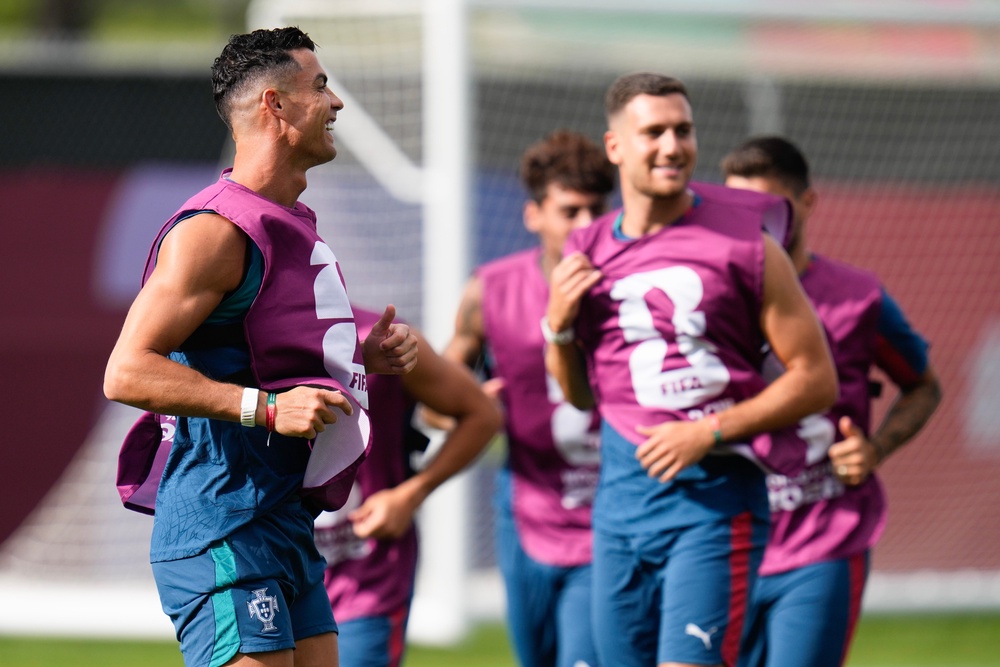 Cristiano Ronaldo (left) in training ahead of Portugal’s tie with Croatia (AP)