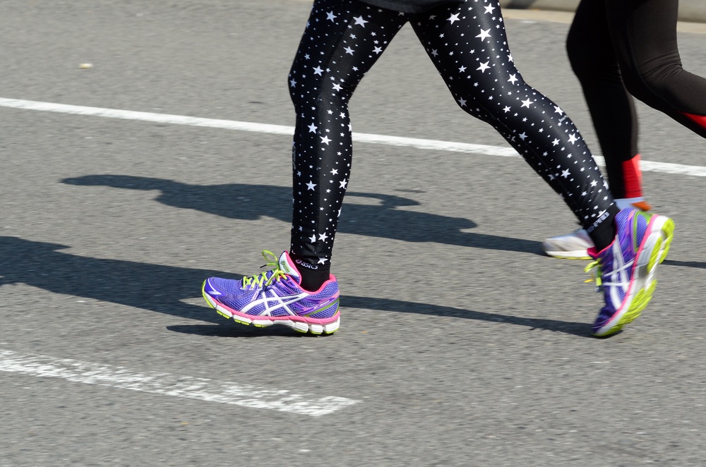 Colourful running shoes and star-spangled leggings.