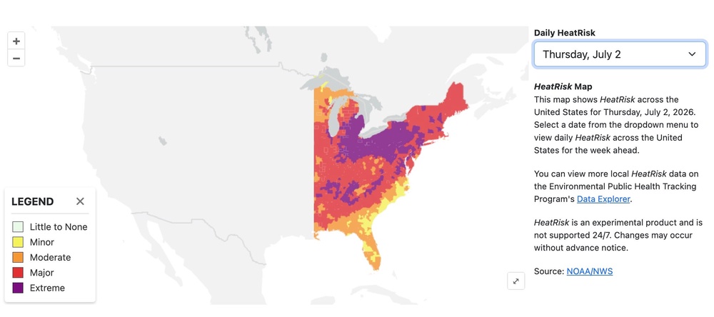 A map from the US Centers for Disease Control and Prevention shows the areas most at risk of heat-related illness on Thursday, with the worst-hit regions in purple (CDC)