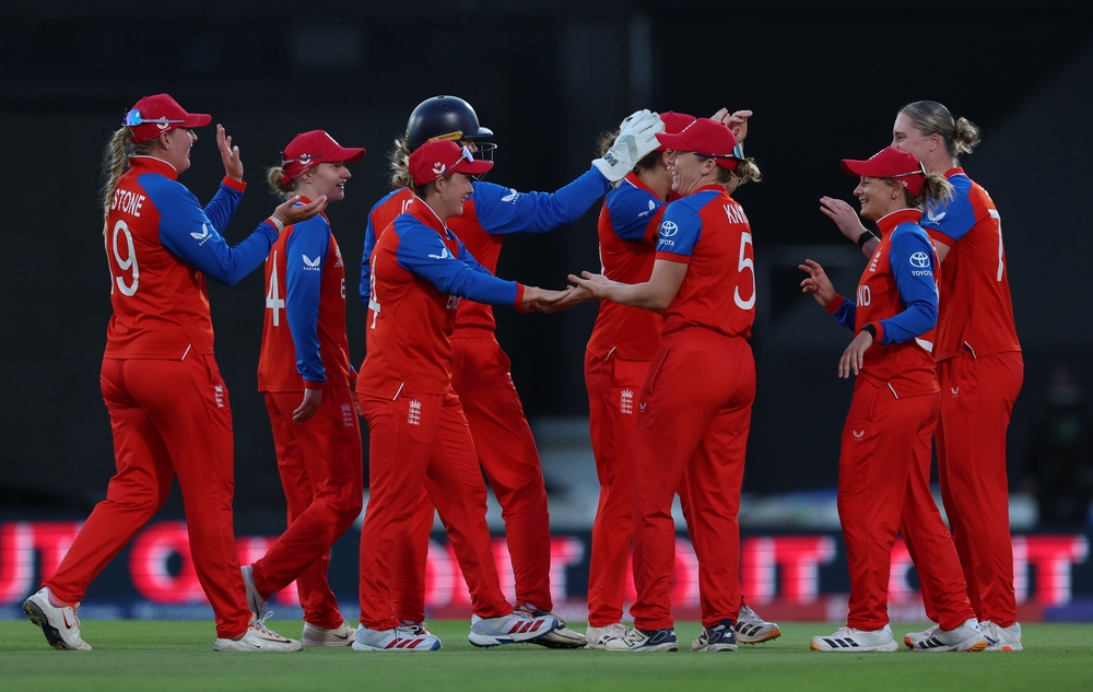 England players celebrate taking the wicket of South Africa’s Annerie Dercksen (Steven Paston/PA) (PA Wire)