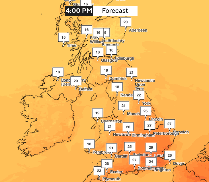 The capital will see highs of 29C on Monday (Met Office)