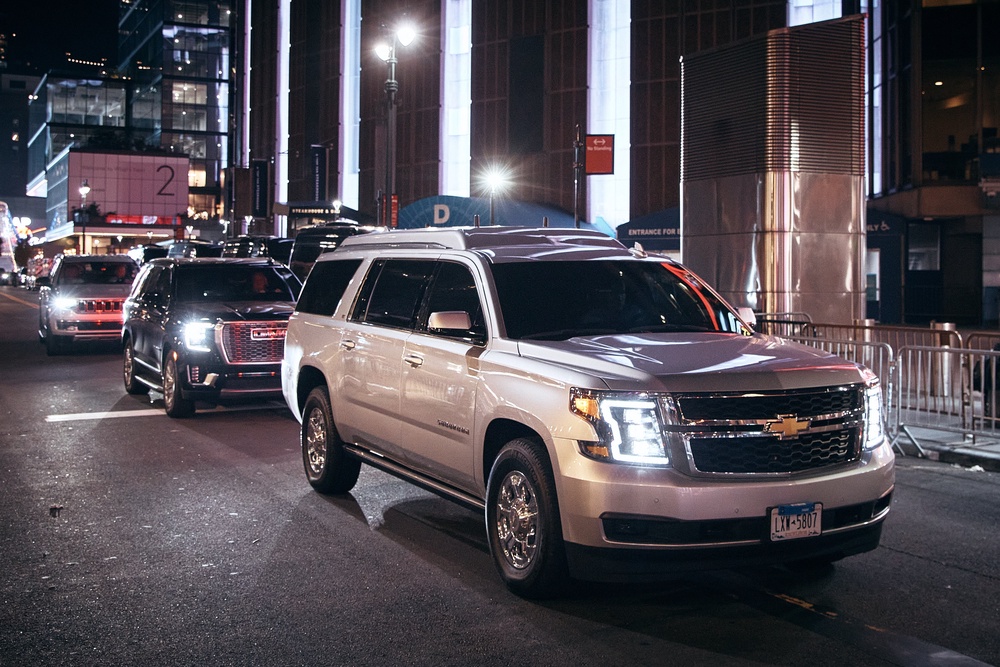 A vehicle believed to be carrying Taylor Swift departs Madison Square Garden on Friday, as preparations continue for her wedding with NFL player Travis Kelce (AP)