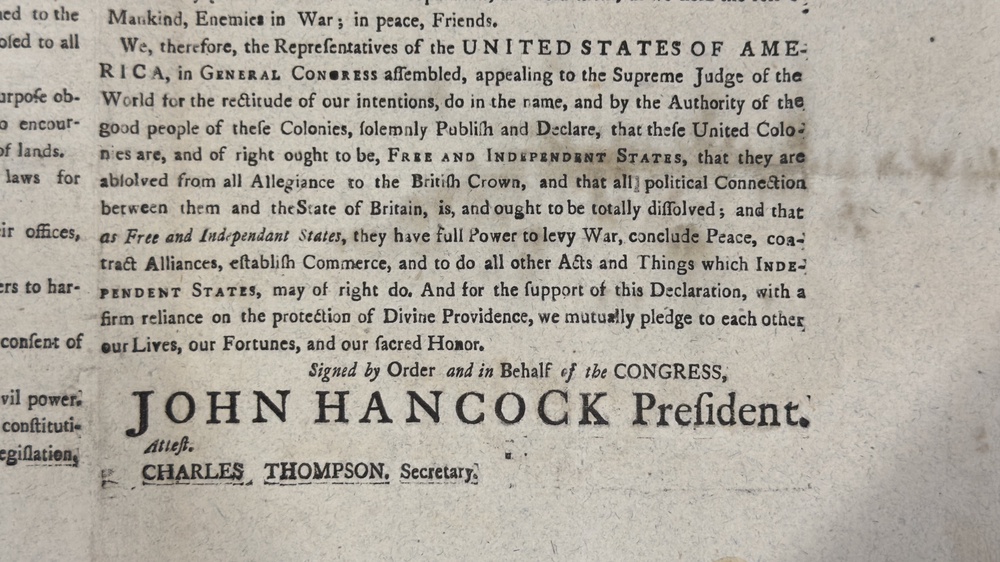 The printing is signed by John Hancock, a US founding father and president of the Continental Congress (Shivansh Gupta/PA) (PA Wire)