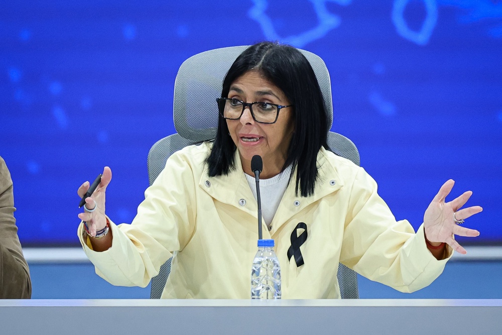 Delcy Rodriguez, Venezuela's interim president, speaks during a press conference regarding the situation in Venezuela after the double earthquake that struck the country, at Miraflores Palace (Getty)