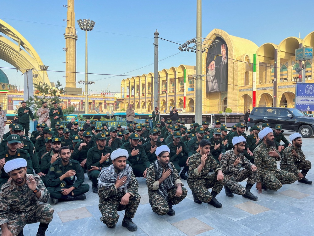 Members of the Basij paramilitary forces gather on the day international delegates participate in a farewell ceremony for Iran's late Supreme Leader Ayatollah Ali Khamenei (Reuters)