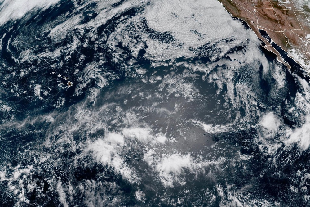 This GOES-19 GeoColor satellite image provided by NOAA shows Tropical Storm Bavi in the North Pacific on Thursday, July 2 (AP)