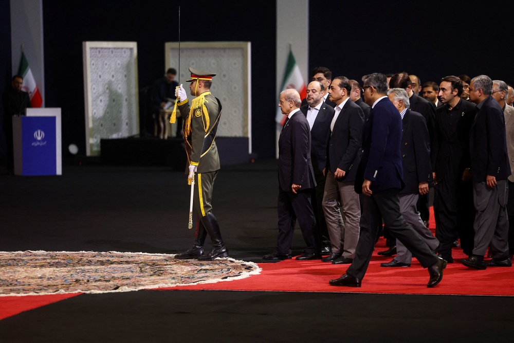 Pakistani Prime Minister Shehbaz Sharif and his delegation attends a farewell ceremony for Iran's late Supreme Leader Ayatollah Ali Khamenei (Reuters)