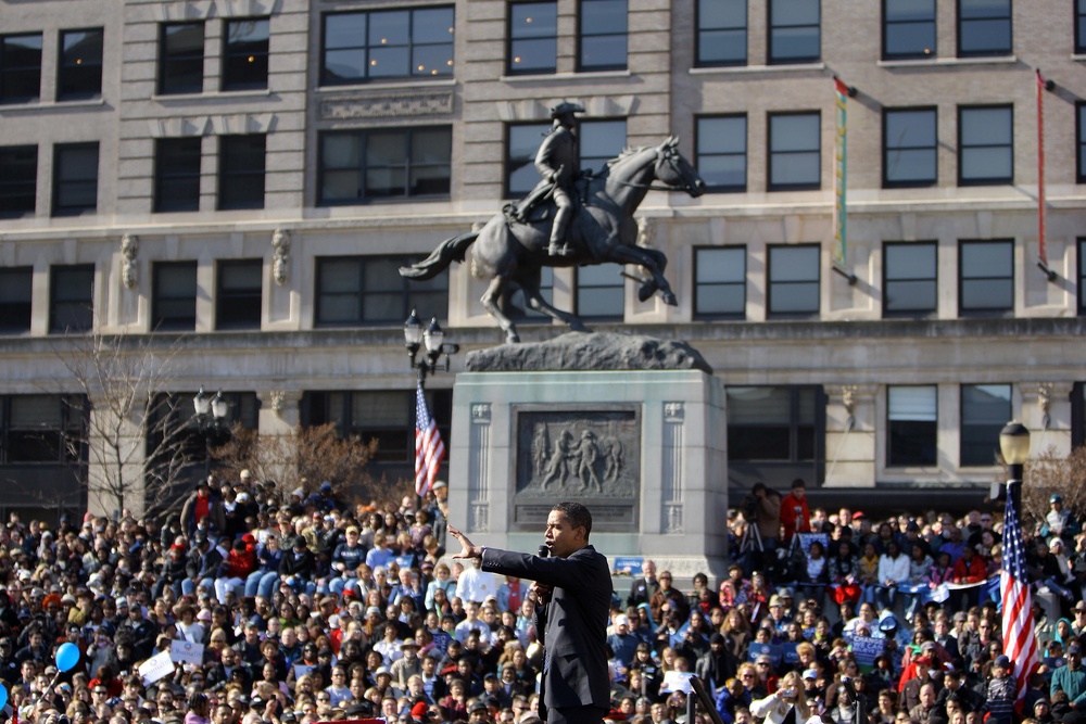 In February 2008, then-Democratic presidential candidate Barack Obama hosted a rally in front of the statue in Wilmington, Delaware (AFP via Getty Images)