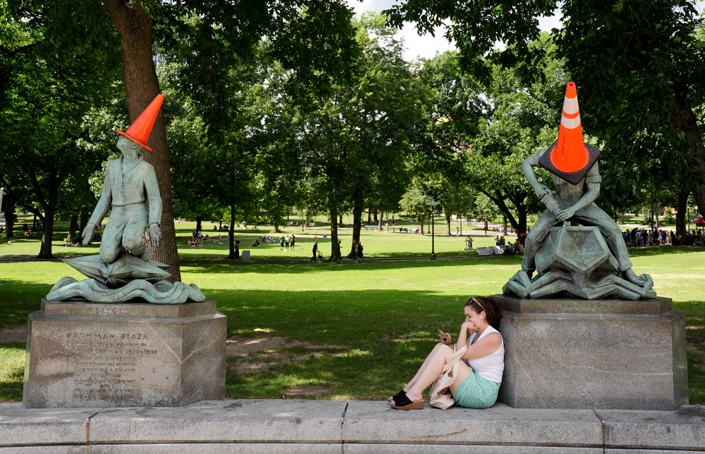 Cones appeared on statues in Boston, Massachusetts, after the arrival of the Tartan army for the World Cup (Martin Rickett/PA) (PA Wire)