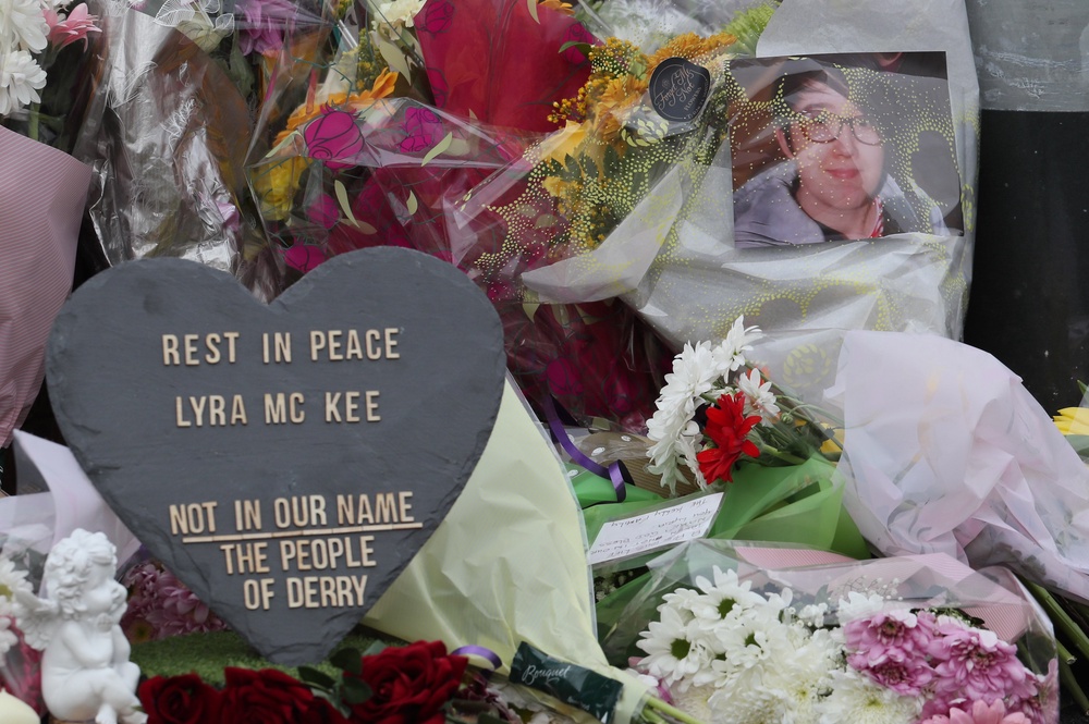 Flowers left at the scene where Lyra McKee was shot (PA)