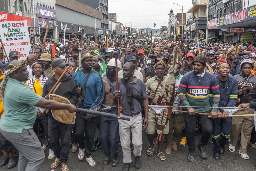 In Durban, members of the Zulu regiment known as the ‘Amabutho’ chant slogans (AFP/Getty)