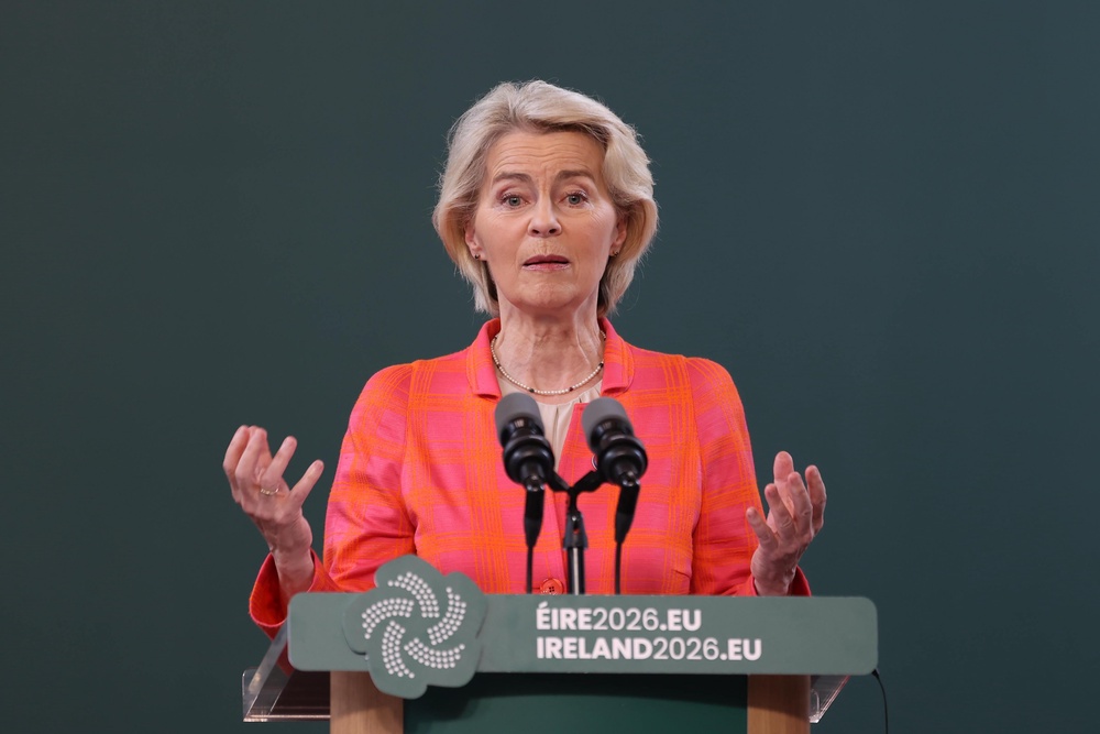 European Commission President Ursula von der speaking during a press conference in the Main Quadrangle at University College Cork (Liam McBurney/PA) (PA Wire)