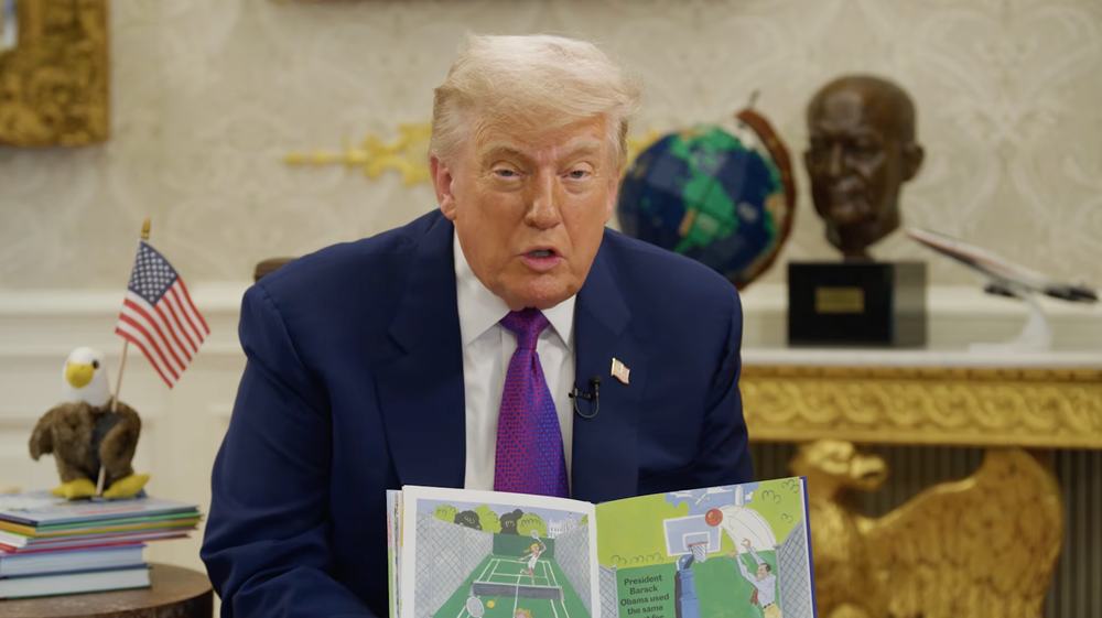 While pausing on a page about Obama, Trump questioned whether or not the former president is any good at basketball (Storytime with the Second Lady, YouTube)