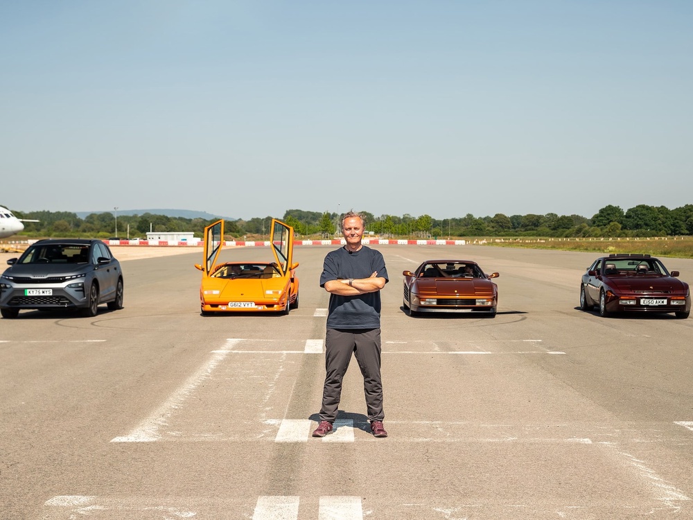 The Škoda Elroq vRS lined up against its supercar rivals at the Top Gear test track at Dunsfold Aerodrome in Surrey (Skoda)
