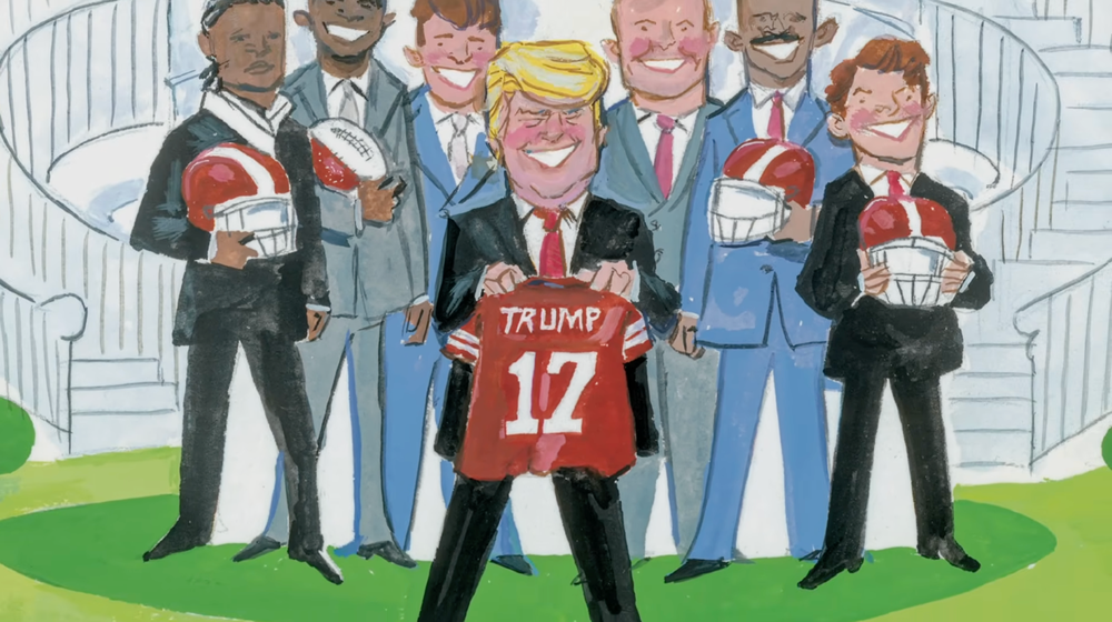 The page about Trump showed him holding a jersey and smiling while visiting athletes stood behind him (Storytime with the Second Lady, YouTube)