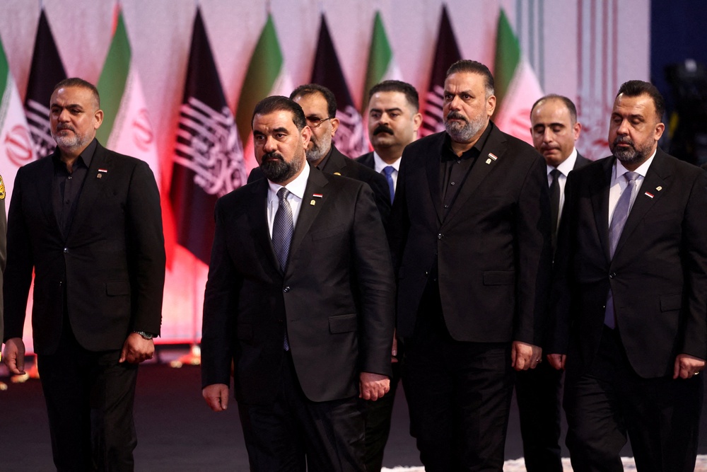 Iraqi Parliament Speaker Haibat al Halbousi attends a farewell ceremony for Iran's late Supreme Leader Ayatollah Ali Khamenei (Reuters)