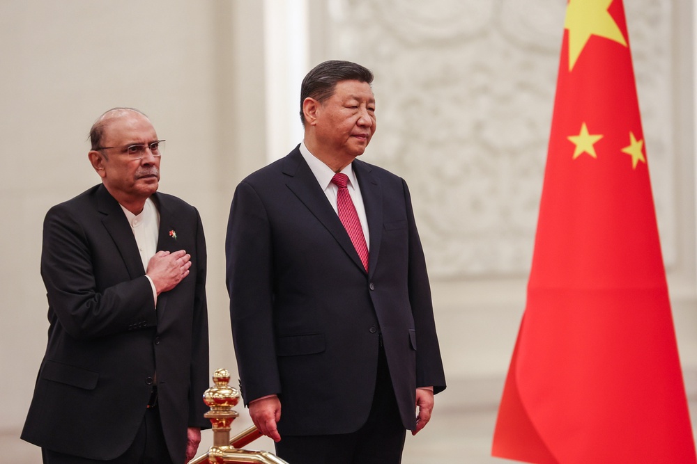 Pakistani president Asif Ali Zardari with Chinese leader Xi Jinping at the Great Hall of the People in Beijing (Getty)