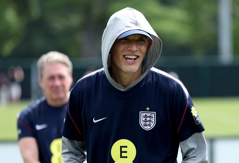 Thomas Tuchel at England training on Friday before chaos surrounded the kick-off time of their match (Getty)