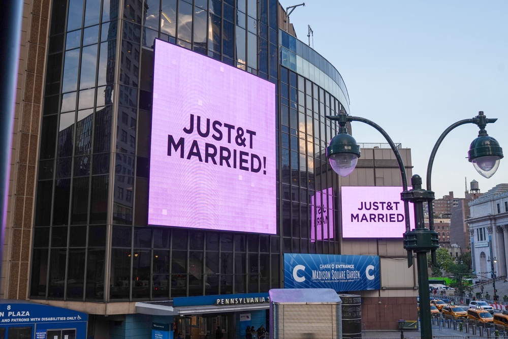 A 'just married' sign was displayed outside Madison Square Garden during Taylor Swift and Travis Kelce's wedding (AP)