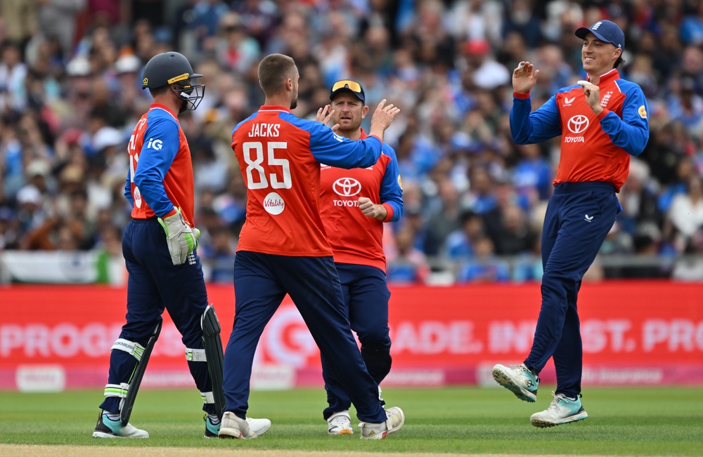 Will Jacks celebrates taking the wicket of Vaibhav Sooryavanshi (Bruce Rollinson/PA) (PA Wire)