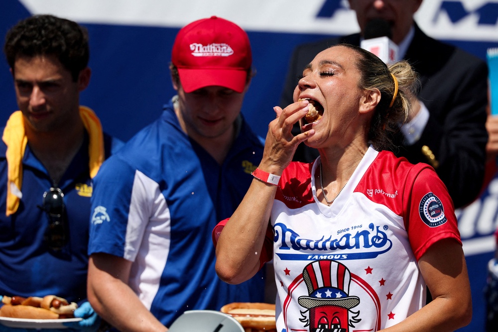 Miki Sudo from Tampa, Florida, participates in the 2026 Nathan's Famous International Hot Dog Eating Contest, at Coney Island, Brooklyn in New York City, U.S., July 4, 2026 (REUTERS/Jordan Tovin)