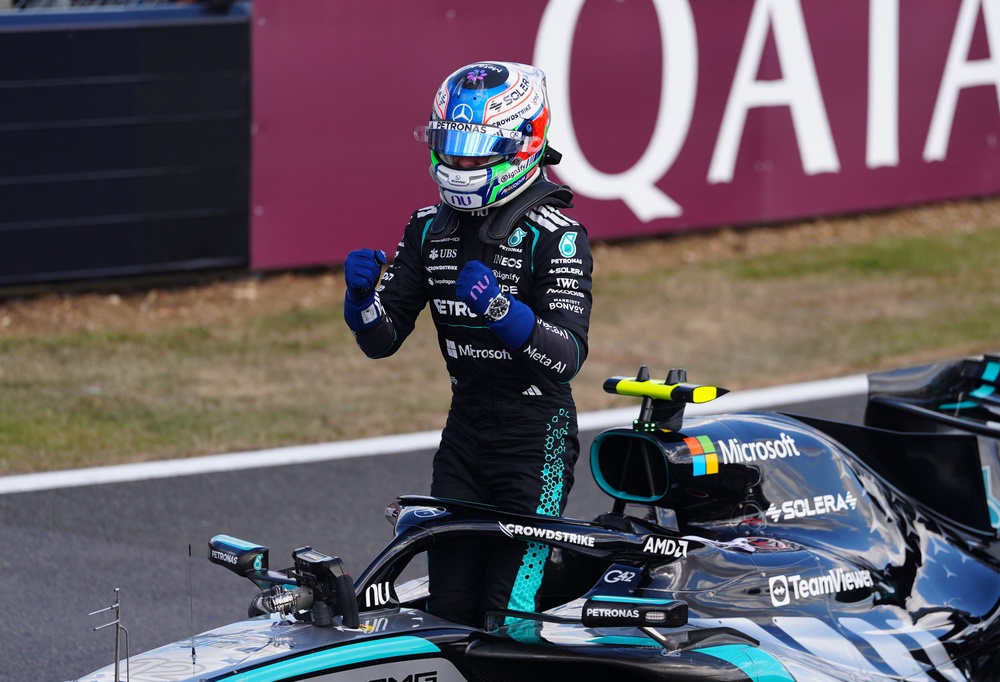 Kimi Antonelli celebrates securing pole position for the British Grand Prix (David Davies/PA) (PA Wire)