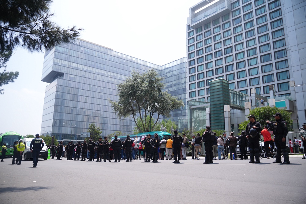 Police officers outside a hotel in Mexico City, ahead of England’s game against Mexico at the 2026 FIFA World Cup. Picture date: Saturday July 4, 2026. (James Manning/PA) (PA Wire)