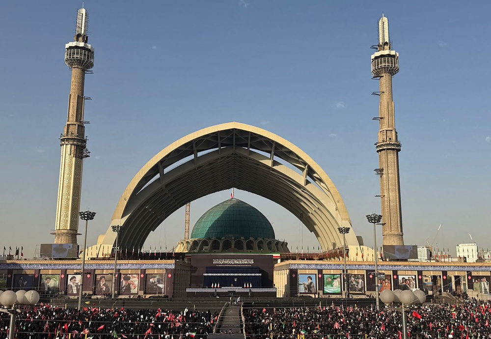 Mourners gather at the Grand Mosalla to pay their final respects to Iran's slain supreme leader Ayatollah Ali Khamenei (AFP via Getty Images)