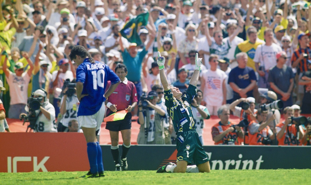 Brazil goalkeeper Claudio Taffarel celebrates after Roberto Baggio of Italy missed his penalty in the 1994 World Cup final (Getty Images/Shaun Botterill)