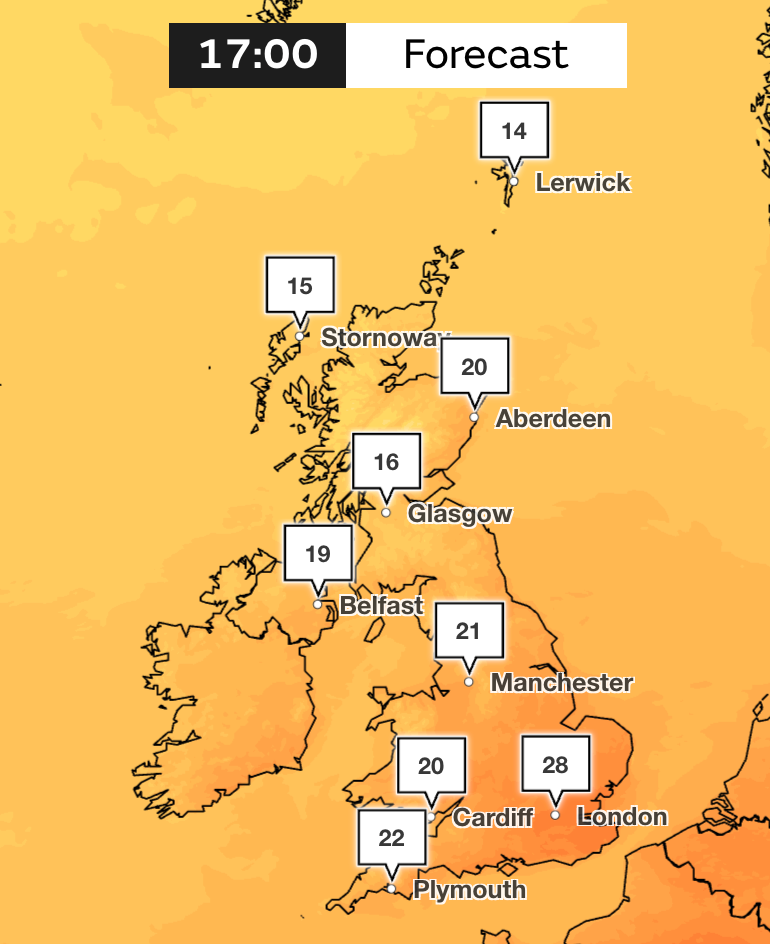 Temperatures are set to climb to 28C on Saturday afternoon in the capital (Met Office)