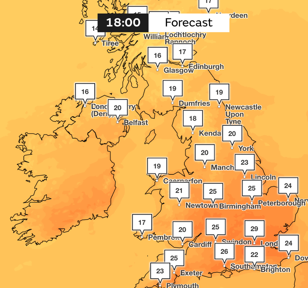 Forecast for Sunday as temperatures rocket to 29C (Met Office)