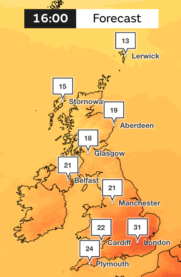 Monday will bring a sweltering 31C to the capital and areas of the southeast (Met Office)