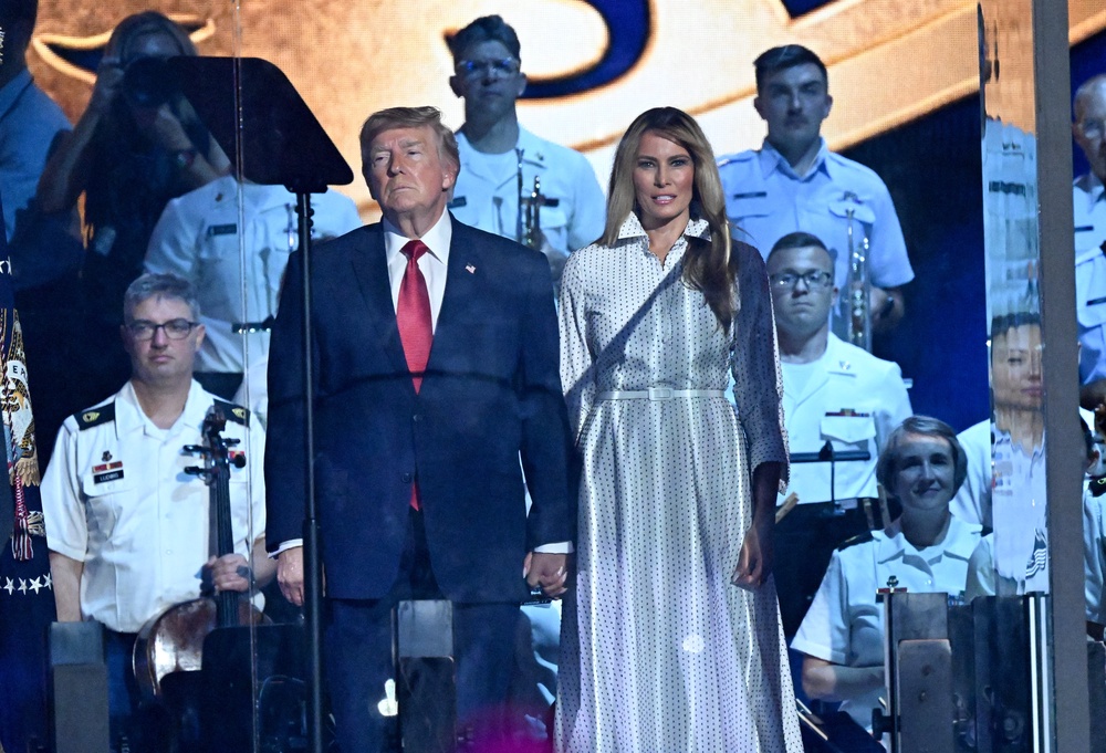 Melania Trump accompanied her husband for the address and fireworks that followed (AFP/Getty)