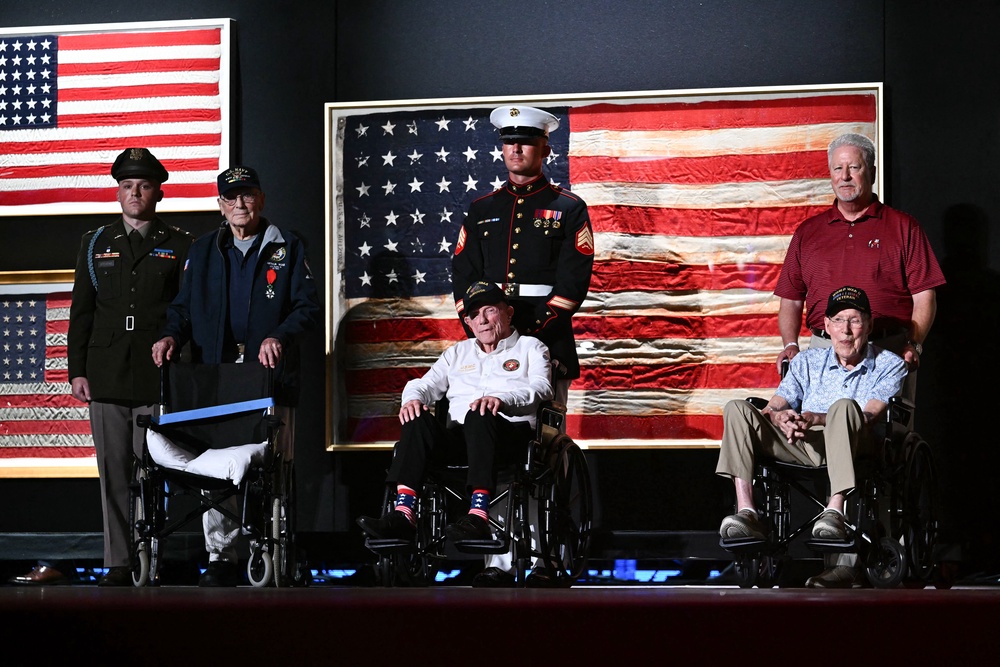 Trump brought out several veterans and flags that flew at key points in American history for his speech (AFP/Getty)