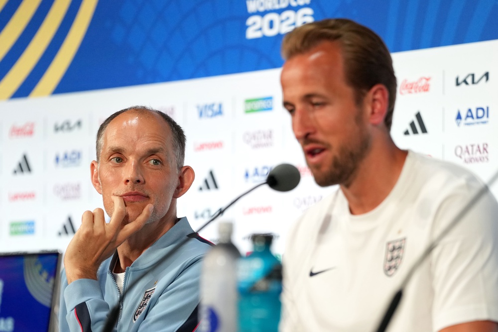 Harry Kane (right) with manager Thomas Tuchel (left) during a press conference (Martin Rickett/PA) (PA Wire)