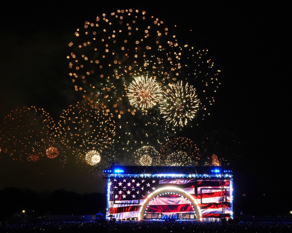 Trump declared that the ‘spirit of 1776 still lives within us all’ shortly before the fireworks show began (AP)