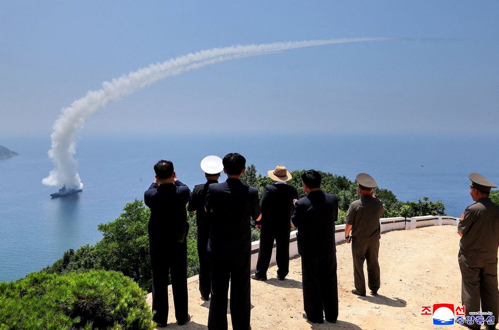 North Korean leader Kim Jong Un observes an assessment of the newly built naval destroyer Kang Kon's combat systems, including the test firing of a strategic cruise missile, at an unknown location in North Korea, 3 July 2026, in this picture released 5 July 2026 by North Korea's official Korean Central News Agency (Reuters)