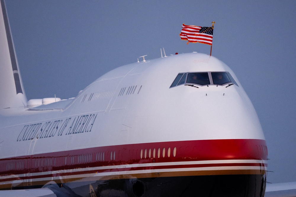 The new Air Force One is red, white and blue on the exterior and has new luxurious interior features such as lie-back seats and plush carpet (Reuters)