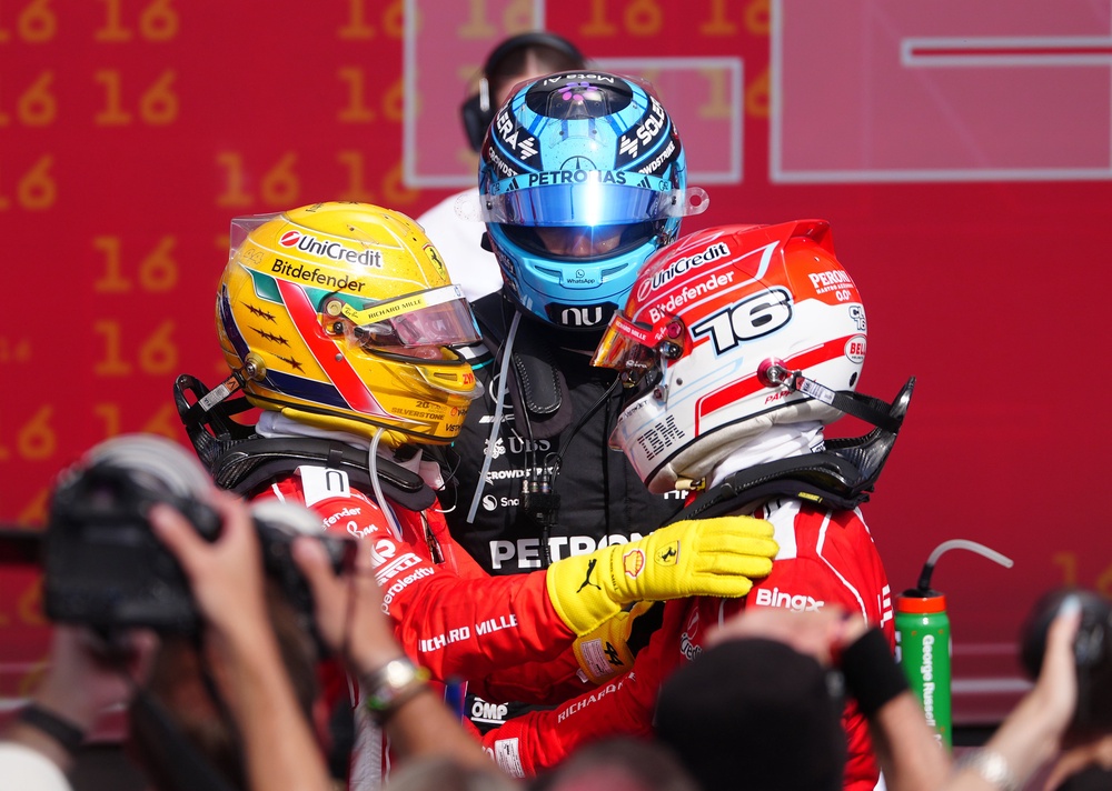 Lewis Hamilton, George Russell and Charles Leclerc after the British Grand Prix (David Davies/PA) (PA Wire)