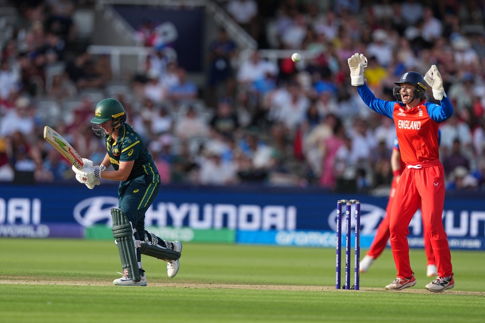 England's wicketkeeper Amy Jones, appeals for lbw on Australia's Beth Mooney (AP)