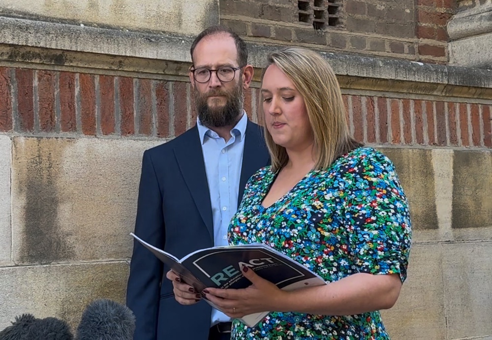 Helen Blythe and Peter Blythe, parents of Benedict Blythe, reading a statement outside Peterborough Town Hall after the conclusion of their son’s inquest (Sophie Robinson/PA) (PA Archive)