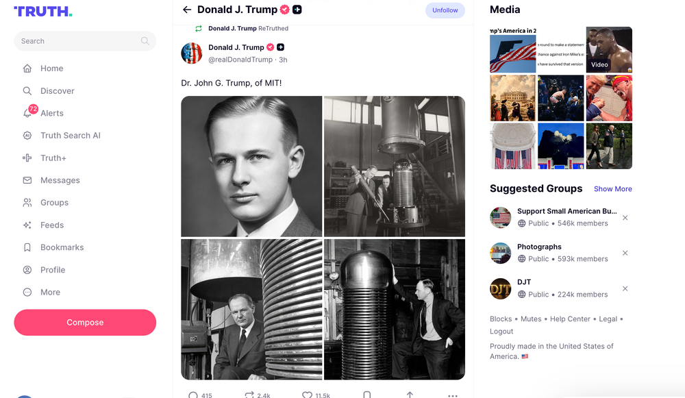 A post by Trump on his Truth Social platform remembering his uncle Dr. John G. Trump (Donald Trump / Truth Social)