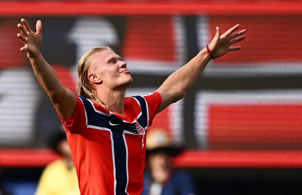 Erling Haaland celebrates after scoring against Brazil (Reuters)