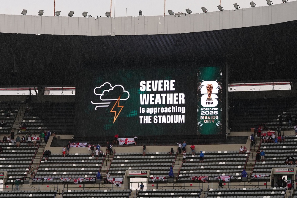 A weather warning is shown on a large screen in the stadium in Mexico (Bradley Collyer/PA) (PA Wire)