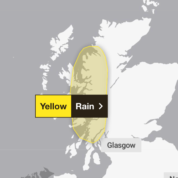 A yellow weather warning for rain has been issues for the West Highlands until Monday morning (Met Office)
