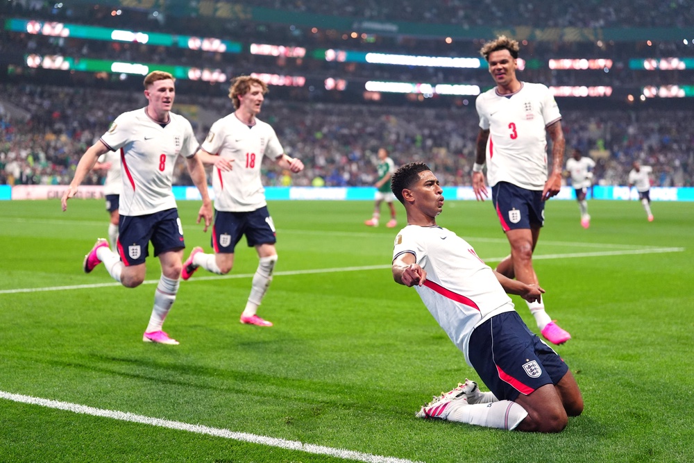 Jude Bellingham celebrates after scoring England's second goal (PA)