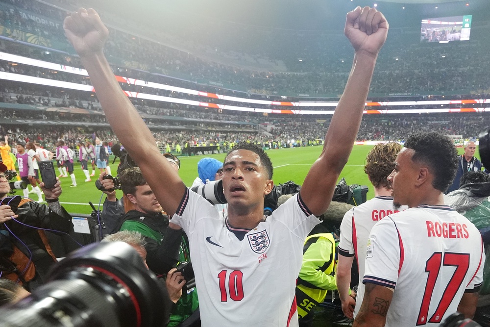 England's Jude Bellingham celebrates after the FIFA World Cup Round of 16 match (PA)