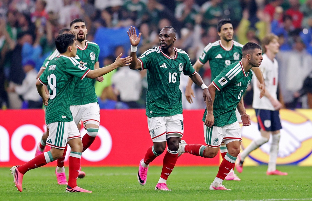 Mexico's Julian Quinones celebrates scoring their first goal with teammates (Reuters)